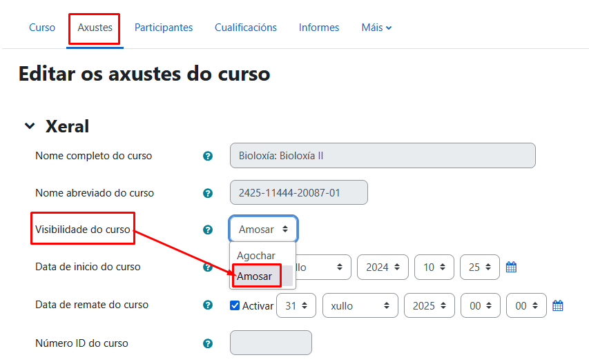 Axustes visibilidade do curso